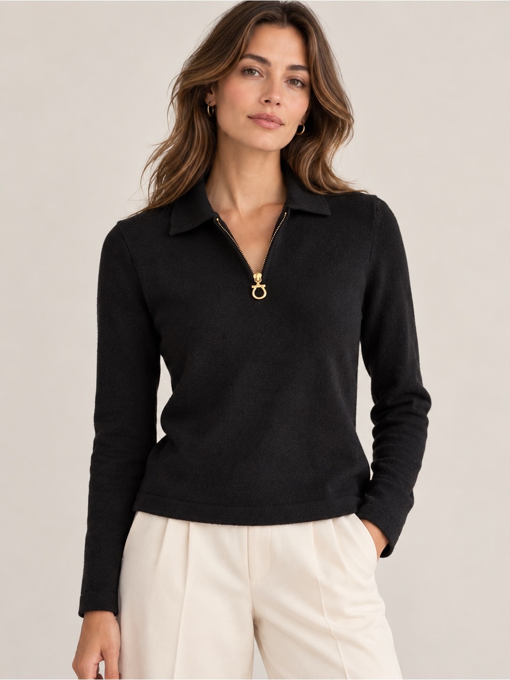 Salvatore Ferragamo Vintage Black Wool Quarter Zip Sweater | Size M (fits small)